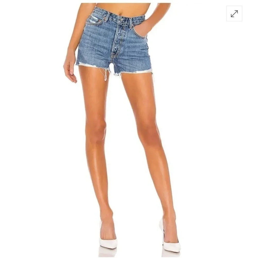 GRLFRND Poppy High Rise Denim Shorts‎ Norma Wash Button Fly Raw Hem Size 26